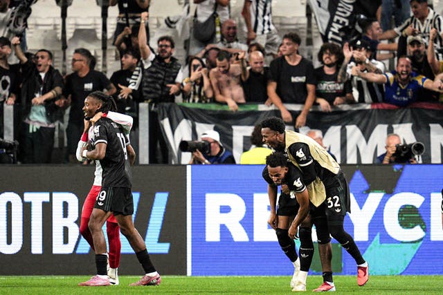 <p>Lloyd Kelly celebrates scoring Juventus’ 96th-minute equaliser</p>