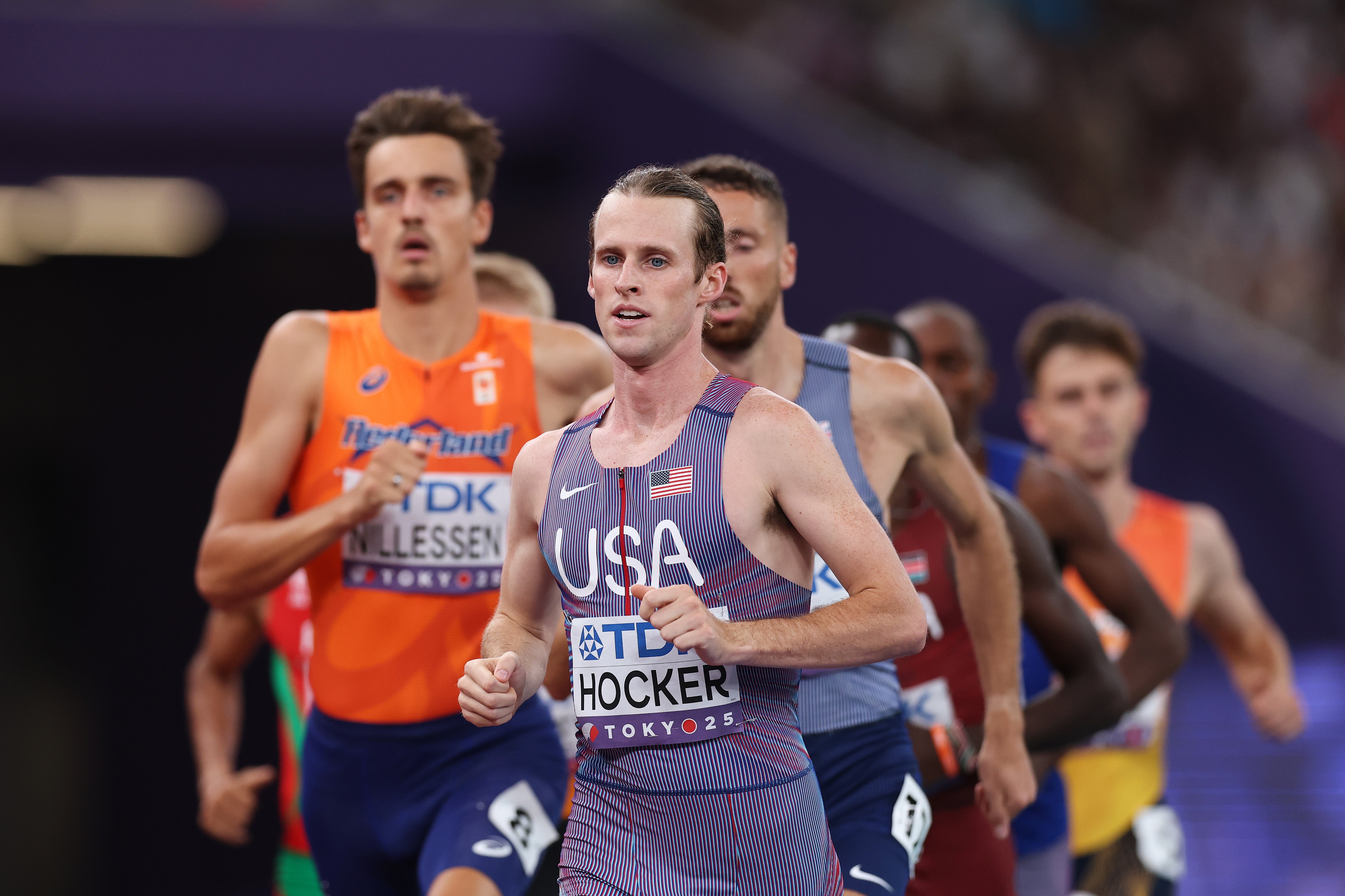 <p>Cole Hocker of Team United States leads the field during the Men's 1500 Metres Semi-Finals</p>
