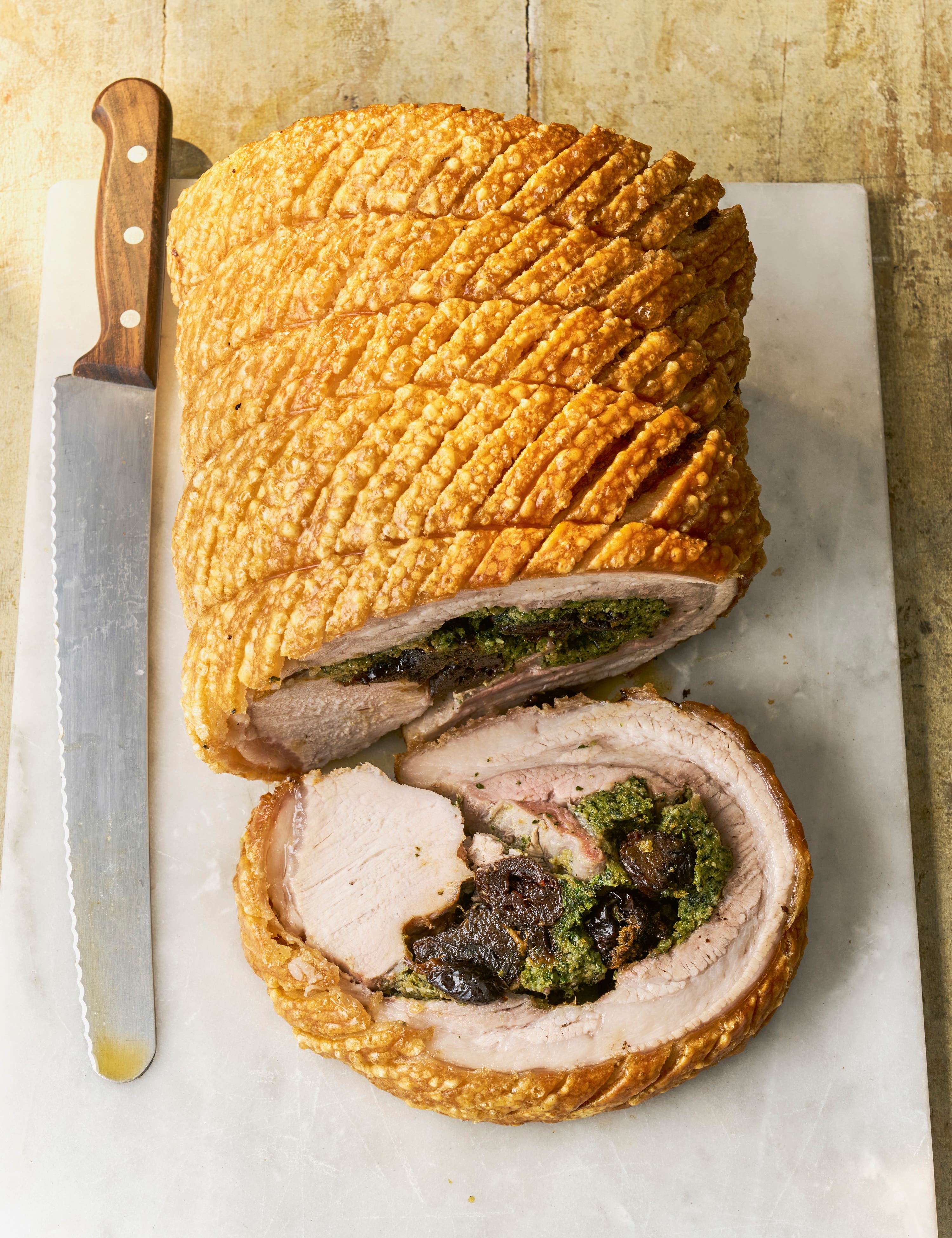 <p>Blanc’s porchetta with prunes is designed to impress – a feast of crisp crackling, juicy pork and rich herb stuffing that brings theatre to the Sunday table</p>