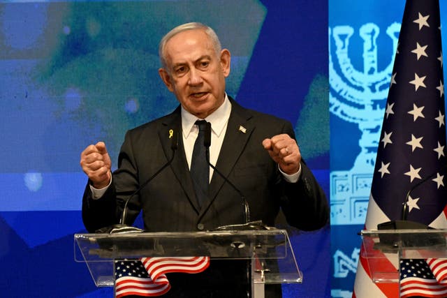 <p>Israeli prime minister Benjamin Netanyahu speaks at the Foreign Ministry in Jerusalem on Monday</p>