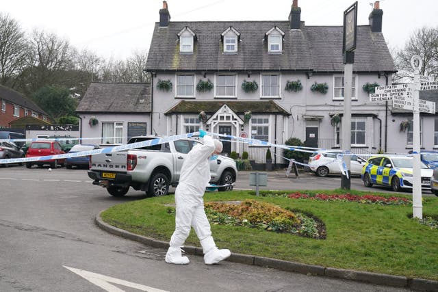 A forensic officer at the Three Horseshoes pub in Knockholt, Sevenoaks in Kent, after emergency services were called (Gareth Fuller/PA)
