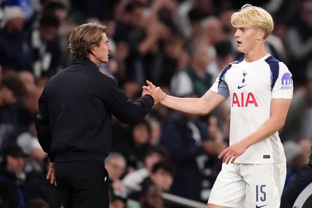 Lucas Bergvall with Tottenham boss Thomas Frank after the 1-0 win over Villarreal (John Walton/PA)