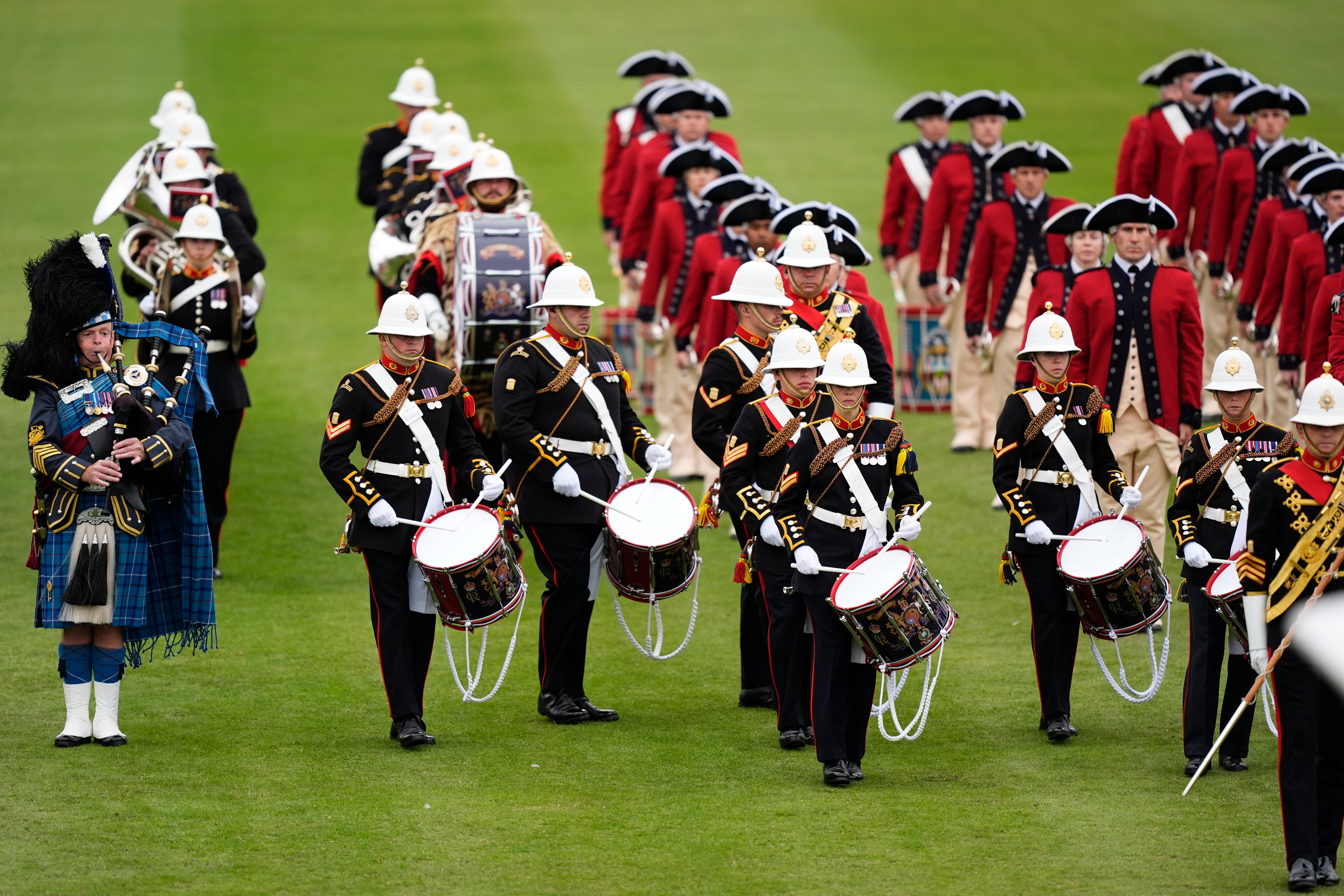 The Band of His Majesty's Royal Marines Portsmouth perform during a Beating Retreat military ceremony at Windsor Castle