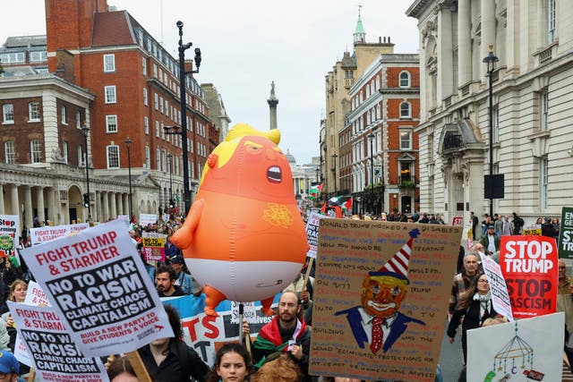 <p>A balloon depicting U.S. President Donald Trump is held at a 'Trump Not Welcome' protest during the state visit of U.S. President Donald Trump and first lady Melania Trump, as Nelson's Column stands in the background, in London, Britain, September 17, 2025. REUTERS/Isabel Infantes</p>