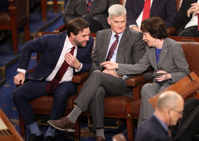 <p>Vice President JD Vance (L), Sen. Bill Cassidy (R-LA) and Sen. Susan Collins (R-ME) attend a joint session of Congress on January 06, 2025 in Washington, DC. </p>
