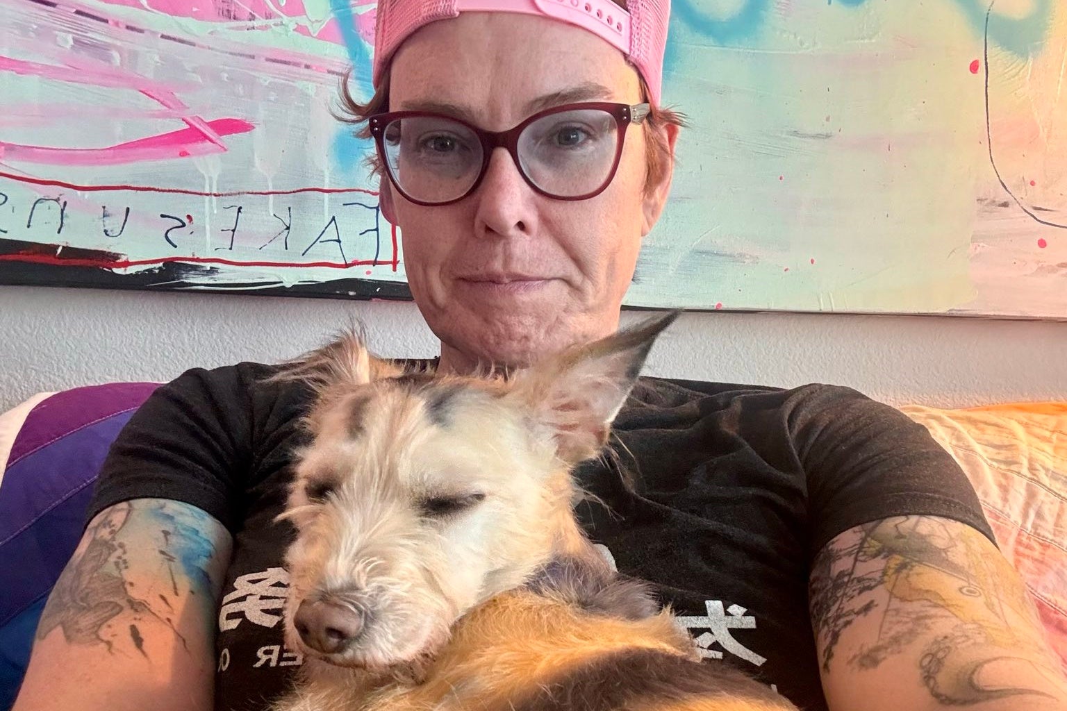 Jane Arc with her support dog Noah Arc. This March, Arc was crossing the road in San Francisco when a driver started screaming out their window that they were