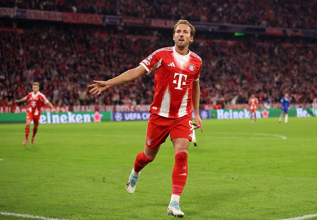 <p>Harry Kane of Bayern Munich celebrates scoring his team's third goal </p>