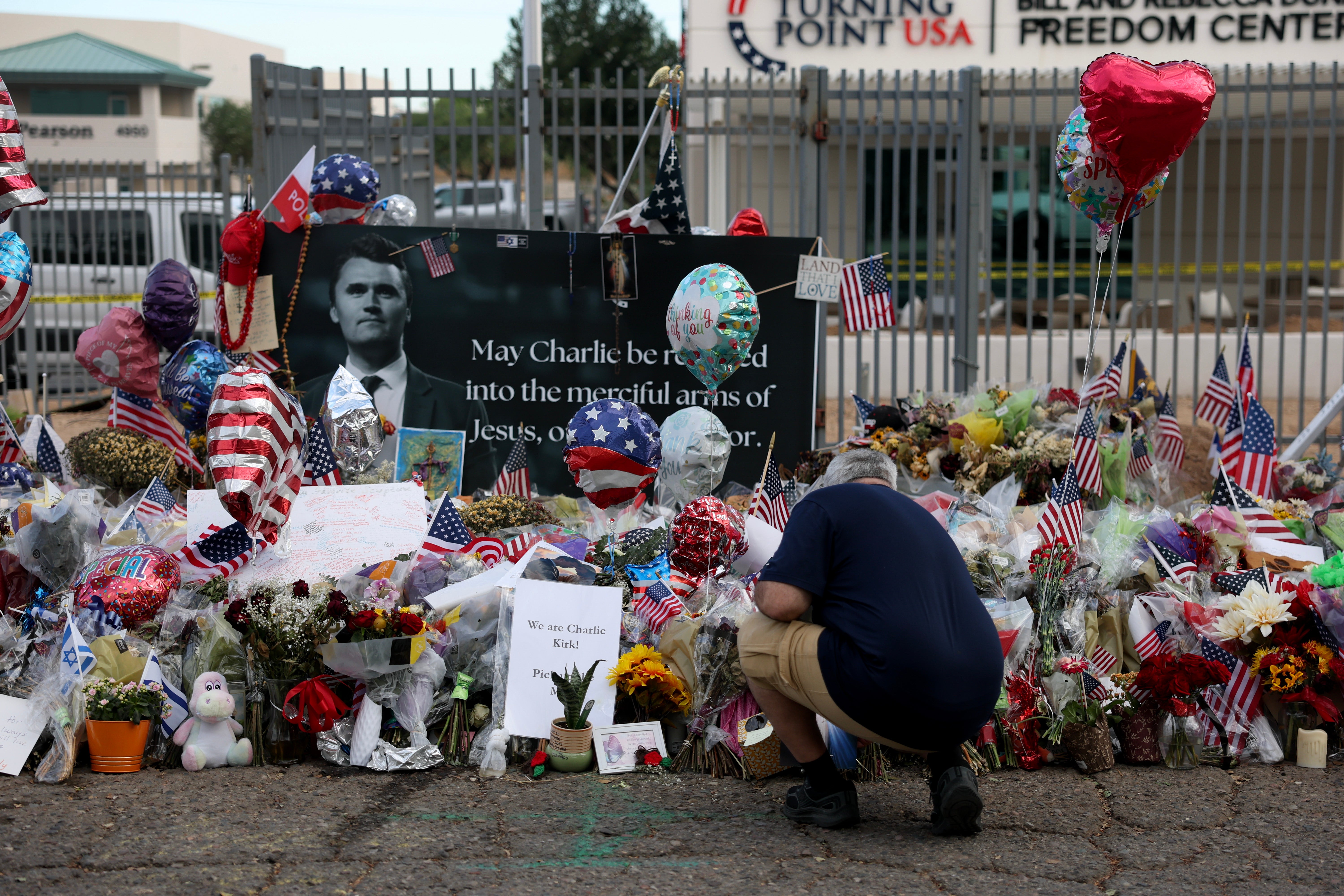 A memorial for Charlie Kirk outside of the headquarters of Turning Point USA in Phoenix, Arizona