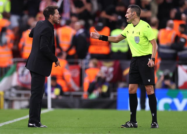 <p>Diego Simeone saw red in stoppage time at Anfield</p>