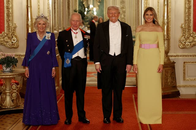 <p>Melania wore an off-the-shoulder Carolina Herrera dress to the State Banquet hosted by King Charles III and Queen Camilla </p>