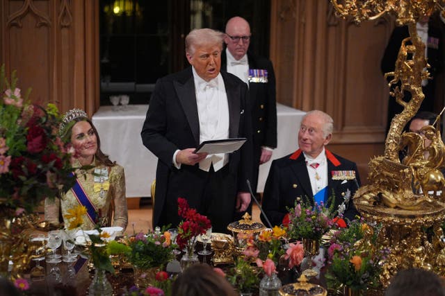 US President Donald Trump delivers his speech as the King and the Princess of Wales listen (Yui Mok/PA)