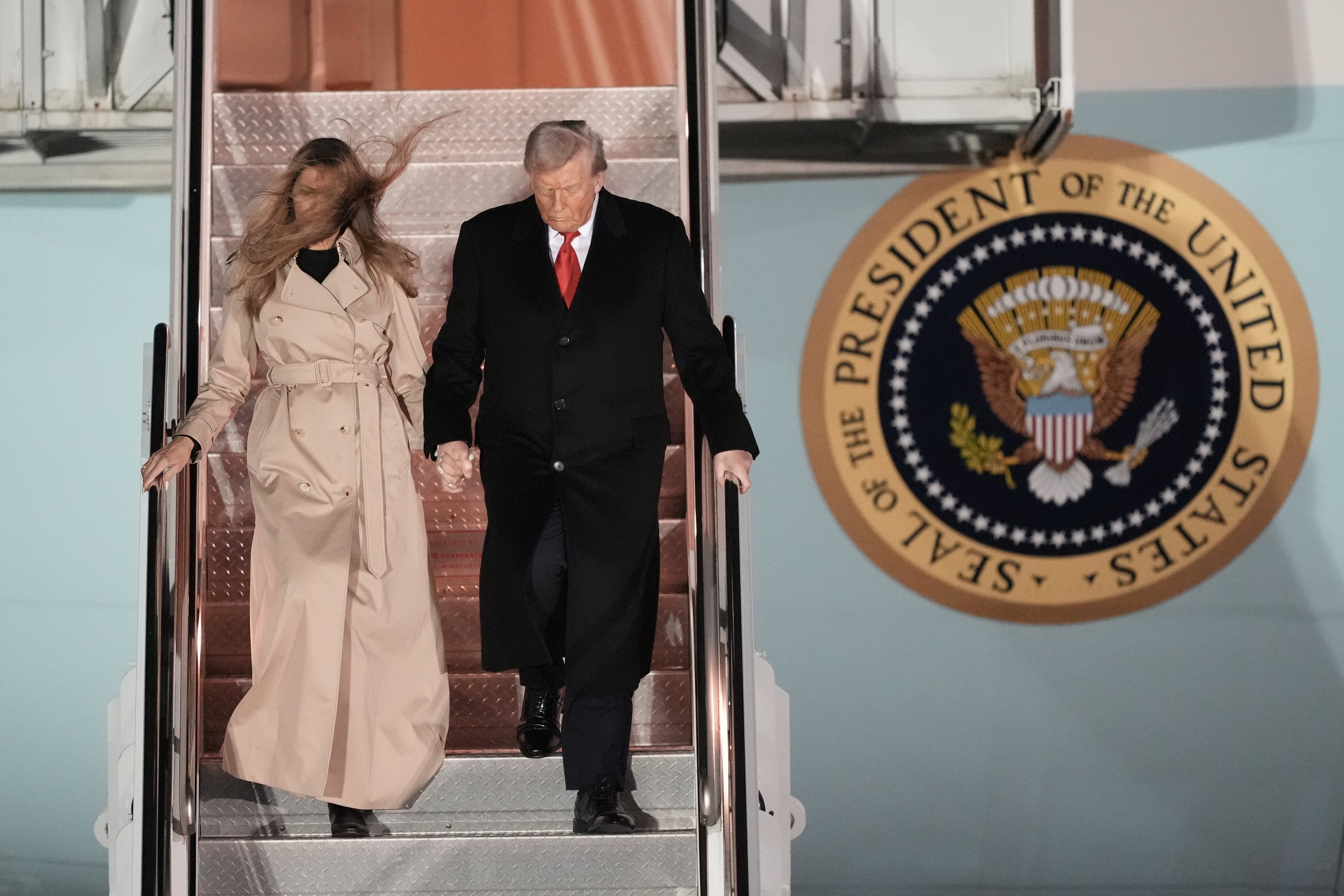 <p>US president Donald Trump and first lady Melania Trump arrive at Stansted Airport, in Essex, ahead of the US president's second state visit to the UK</p>