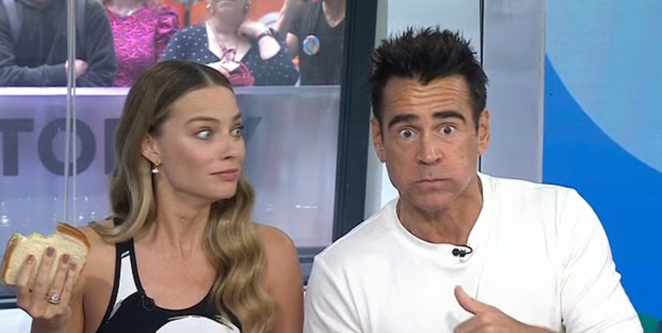 Colin Farrell and Margot Robbie both appear stunned after the Irish actor's accidental f-bomb