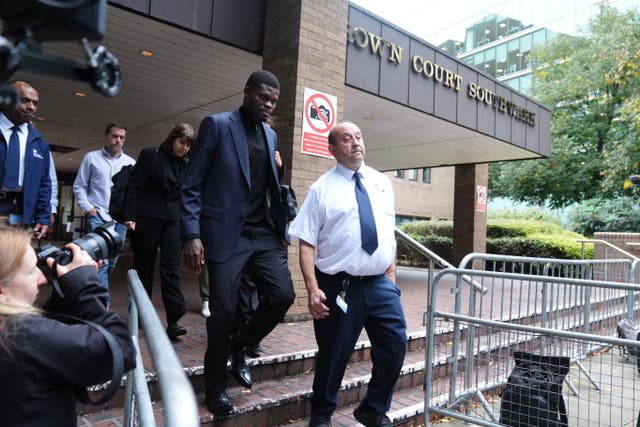 <p>Former Arsenal footballer Thomas Partey leaving Southwark Crown Court in London, where he has been charged with five counts of rape against two women, as well as a charge of sexual assault against a third woman</p>