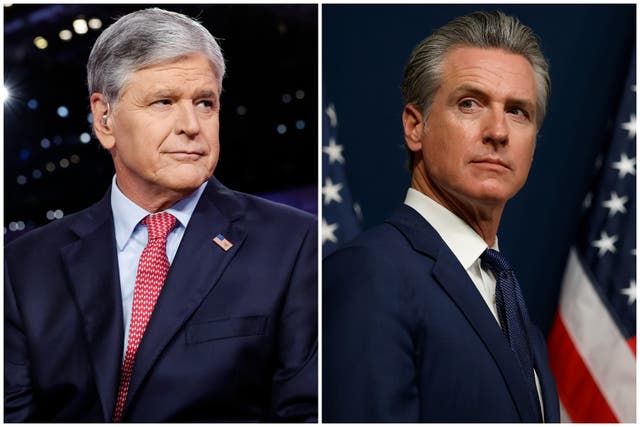 <p>California Governor Gavin Newsom (right) called out Fox News host Sean Hannity (left) for claiming no 'prominent conservative' wanted Jimmy Kimmel off the air – despite Trump's previous comments suggesting he wanted to see him go</p>