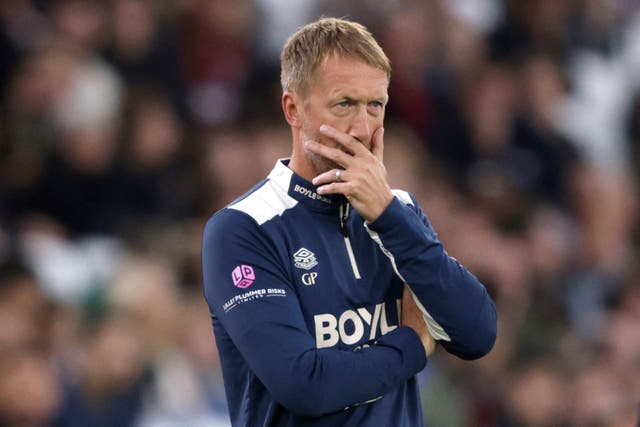 <p>West Ham United's English head coach Graham Potter looks on after going down 3-0 to Spurs</p>