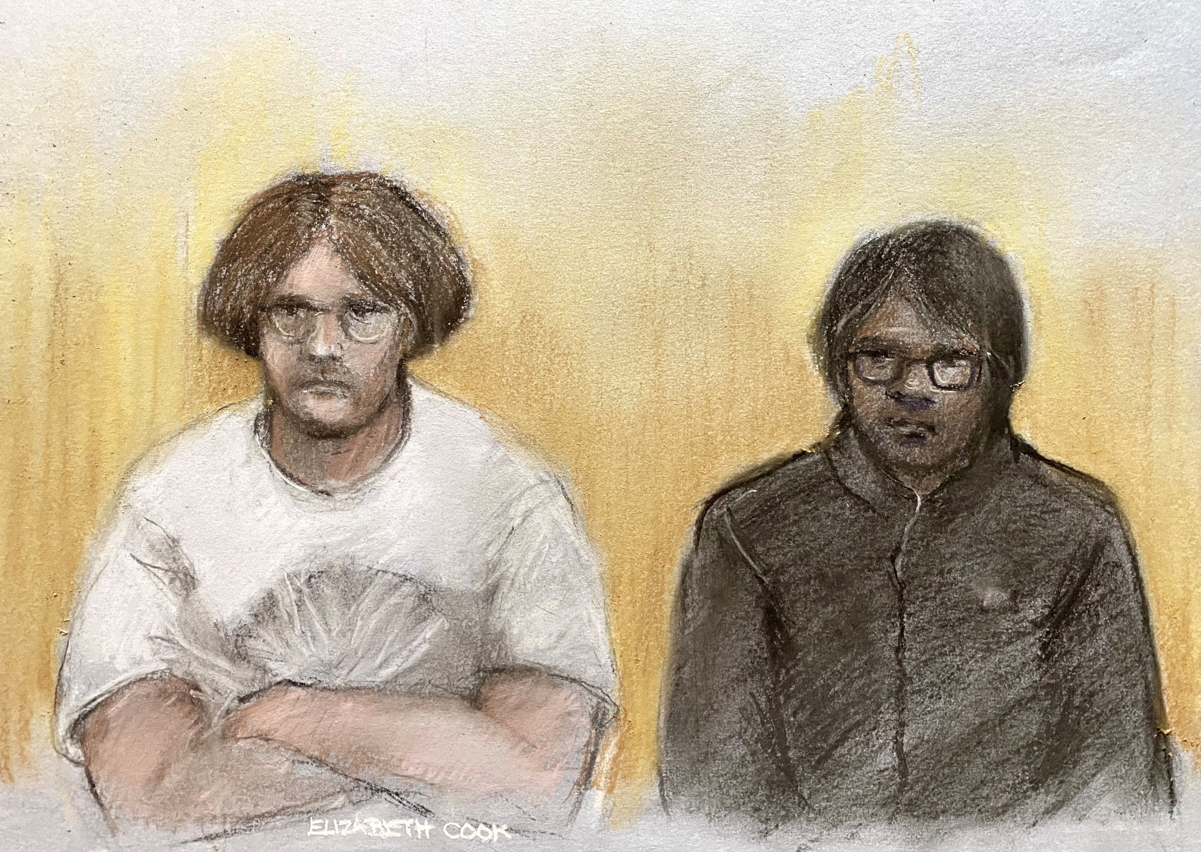 A court artist drawing of Owen Flowers (left) and Thalha Jubair, whose cyber attack on the London transport system, beginning in August last year, resulted in a £39m loss for TfL