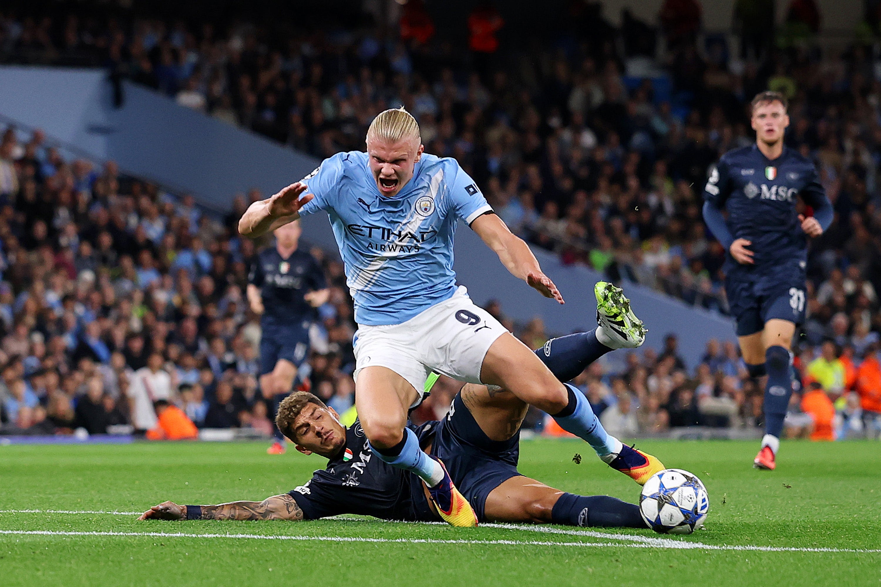 Haaland was scythed down by Napoli skipper Giovanni Di Lorenzo, who was duly sent off