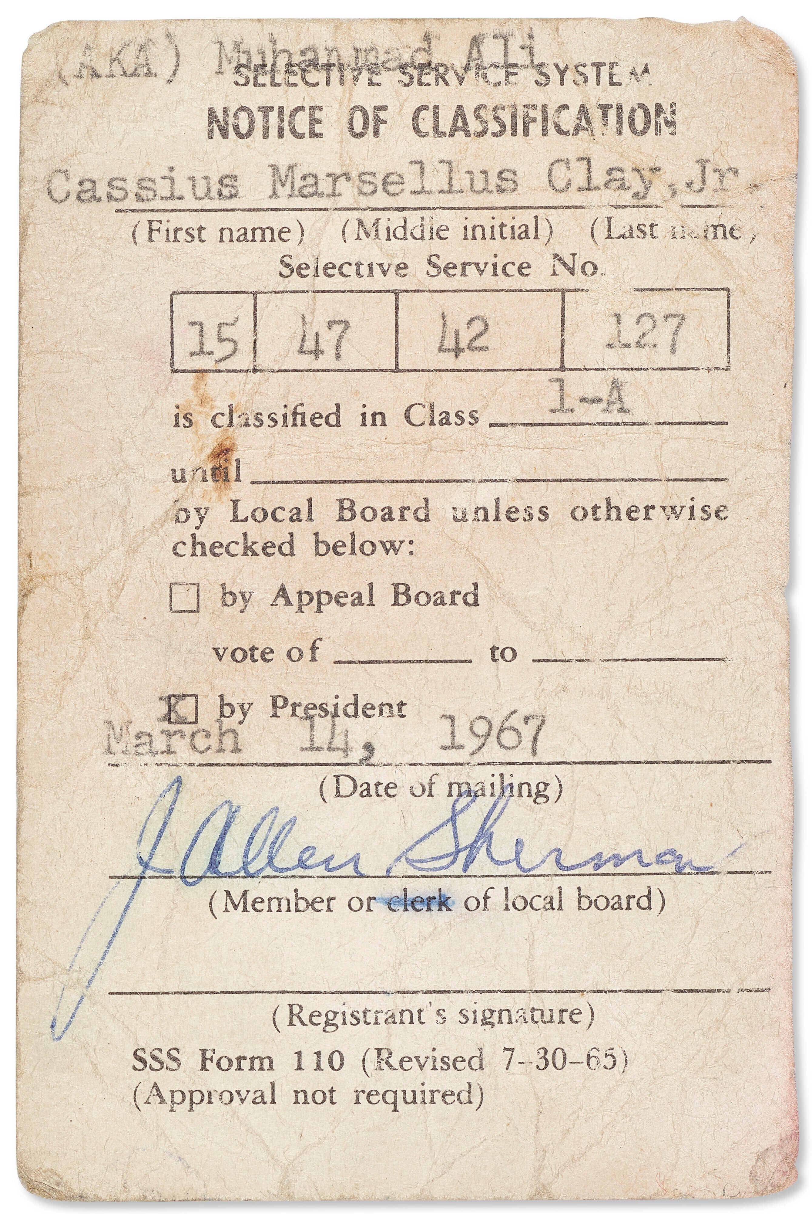 This image provided by Christie’s Auction House shows Muhammad Ali's draft card