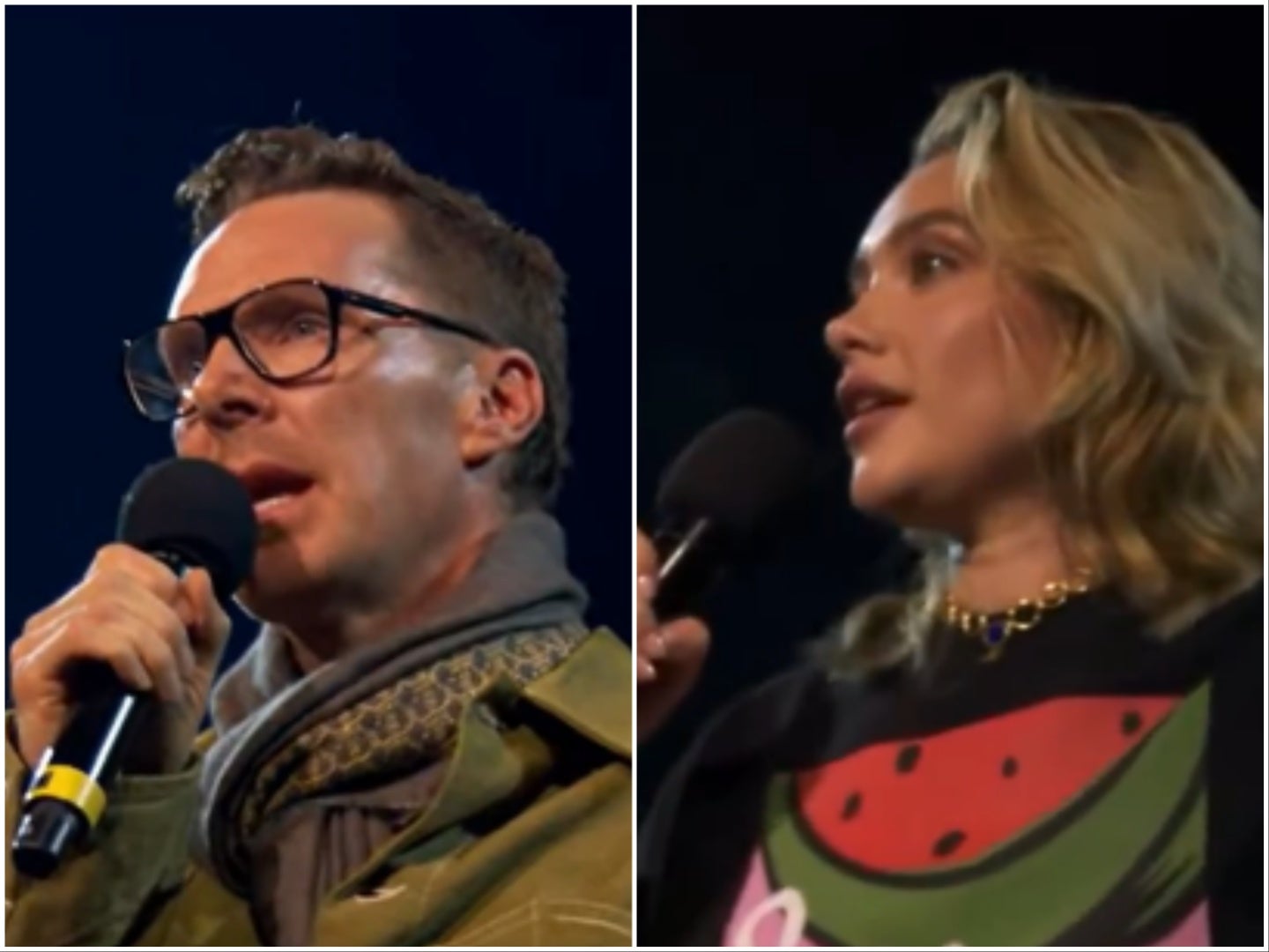 <p>Benedict Cumberbatch and Florence Pugh at the Together for Palestine concert</p>