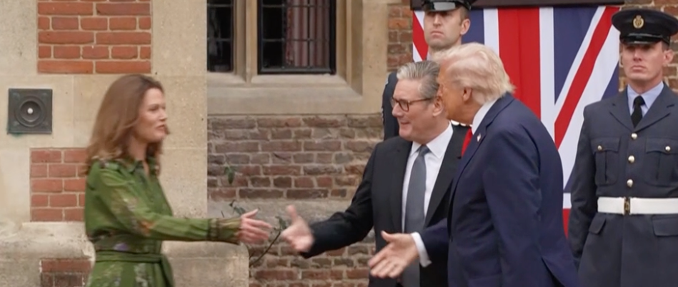 Donald Trump and Sir Keir Starmer have shaken hands as they greeted each other outside the front door of the prime minister’s country home Chequers