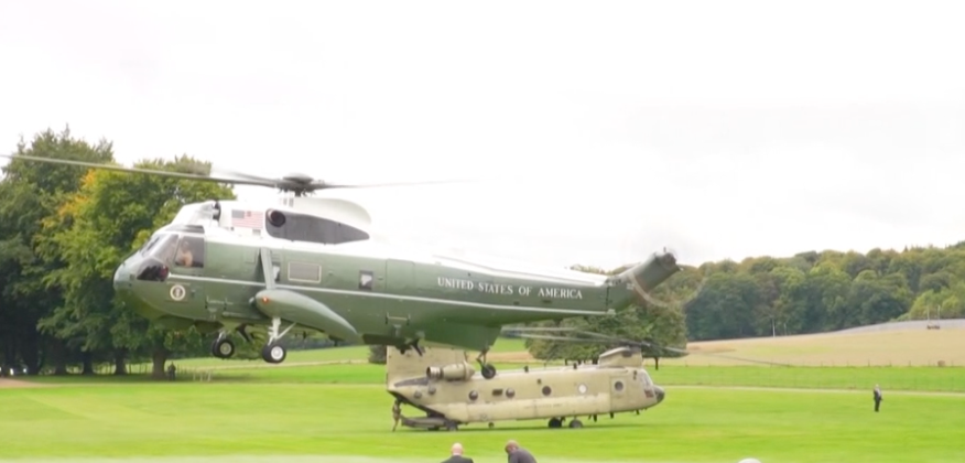 The US president’s helicopter Marine One has landed at the British prime minister’s country estate