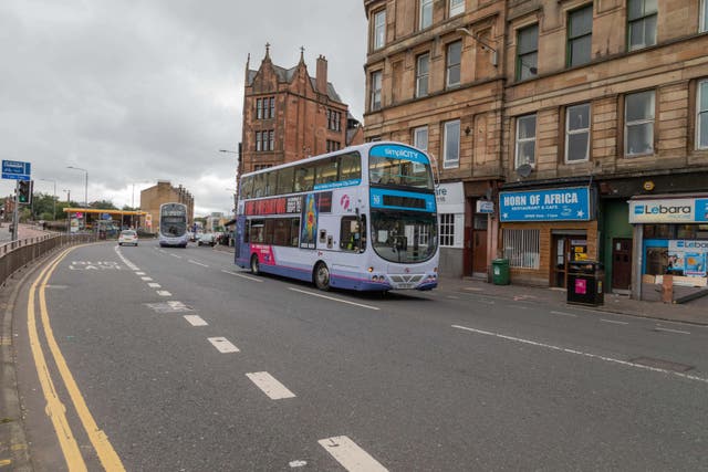 <p>A First Glasgow double decker bus on Eglinton Street in Glasgow heading towards the city centre</p>