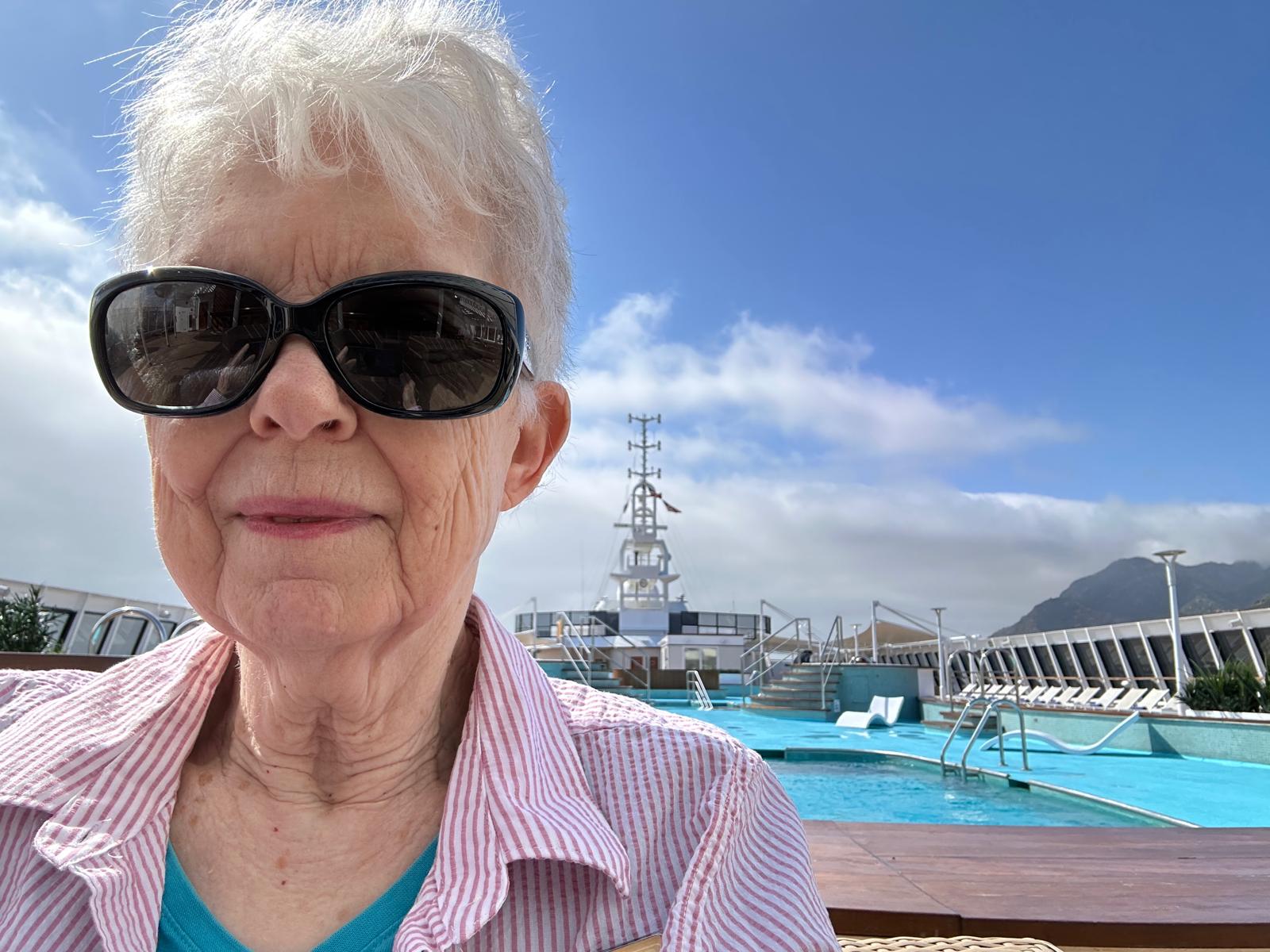 Sharon says her favourite pastimes include trivia, reading, using the gym and taking walks out on the top deck