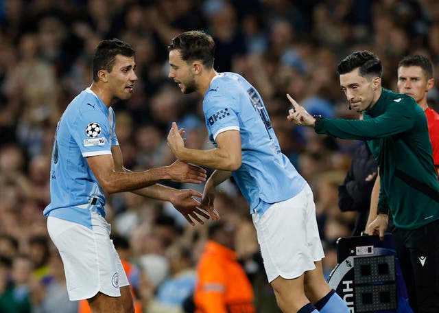 <p>Rodri is replaced by Nico Gonzalez during Man City's win over Napoli</p>