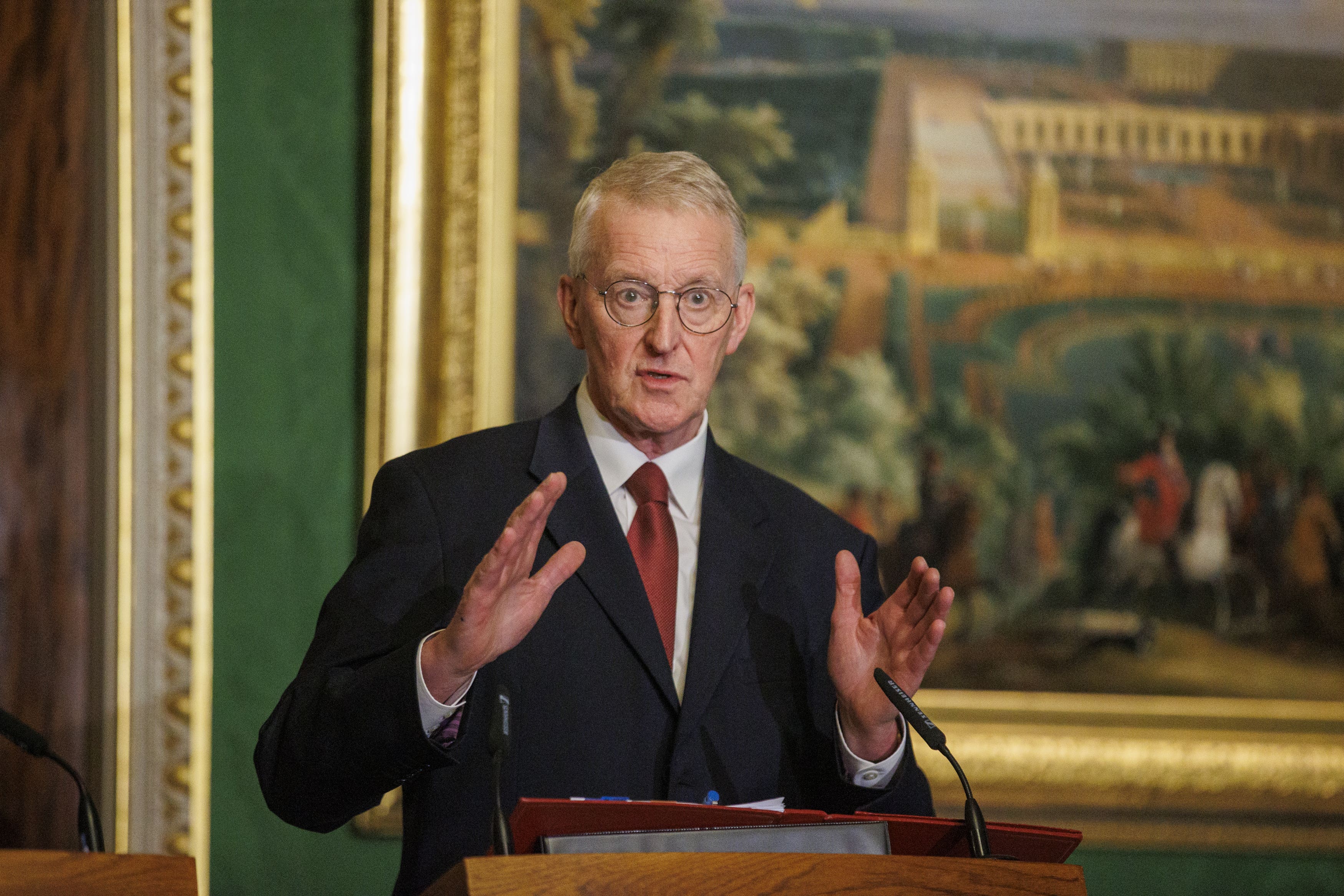 Northern Ireland Secretary Hilary Benn speaking to the media in the Throne Room at Hillsborough Castle, Belfast, following the publication of a new joint framework to deal with the legacy of the NI Troubles (Liam McBurney/PA)