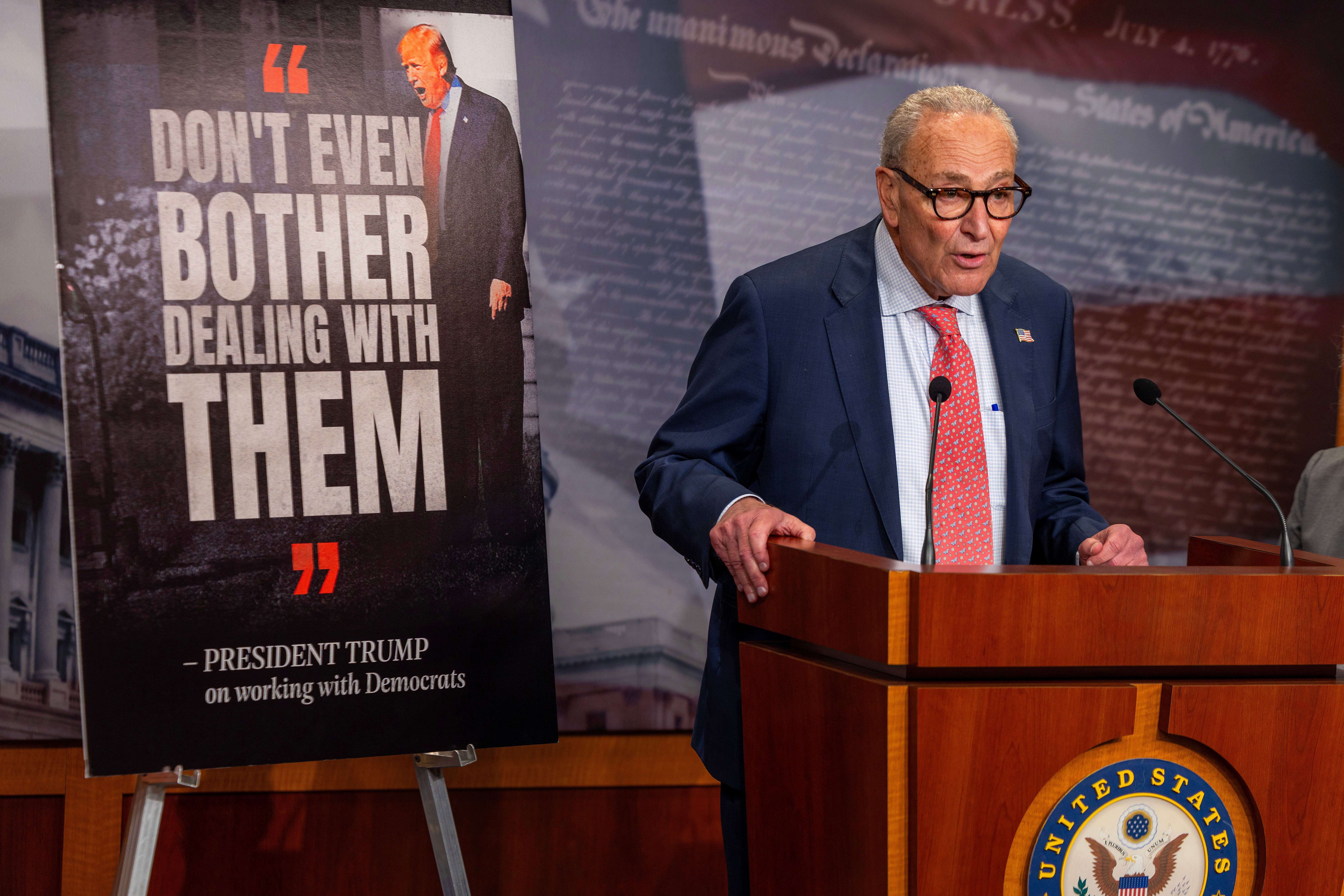 Senate Minority Leader Charles Schumer (D-NY) speaks to media during a press conference at the U.S. Capitol on September 19, 2025.