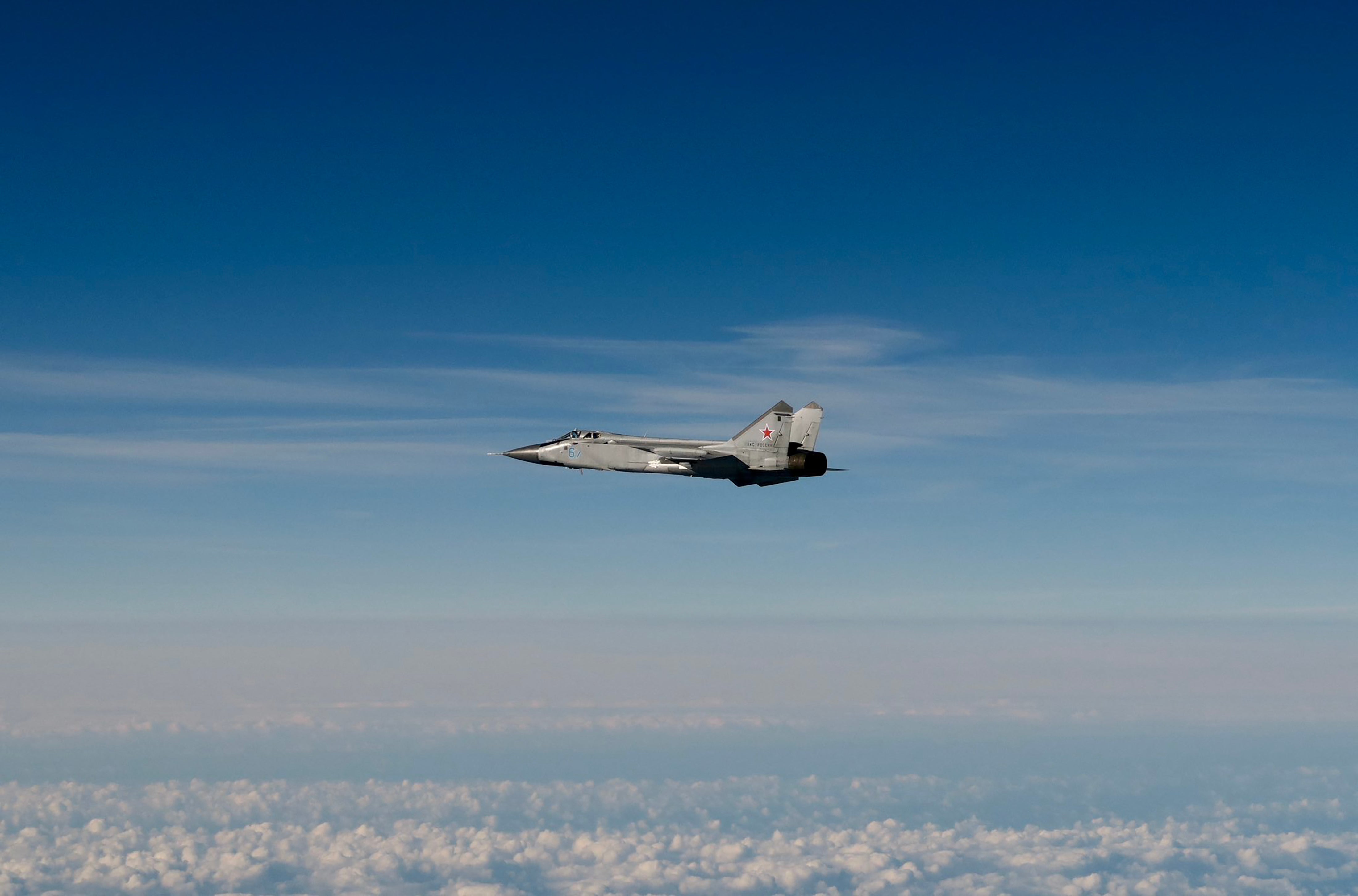 Hand Out image released by the Swedish Airforce shows a Russian MIG-31 fighter jet flying above the Baltic sea after violating Estonian air space
