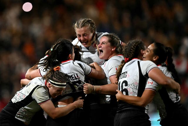 <p>Canada players celebrate after beating New Zealand in the World Cup semi-finals</p>