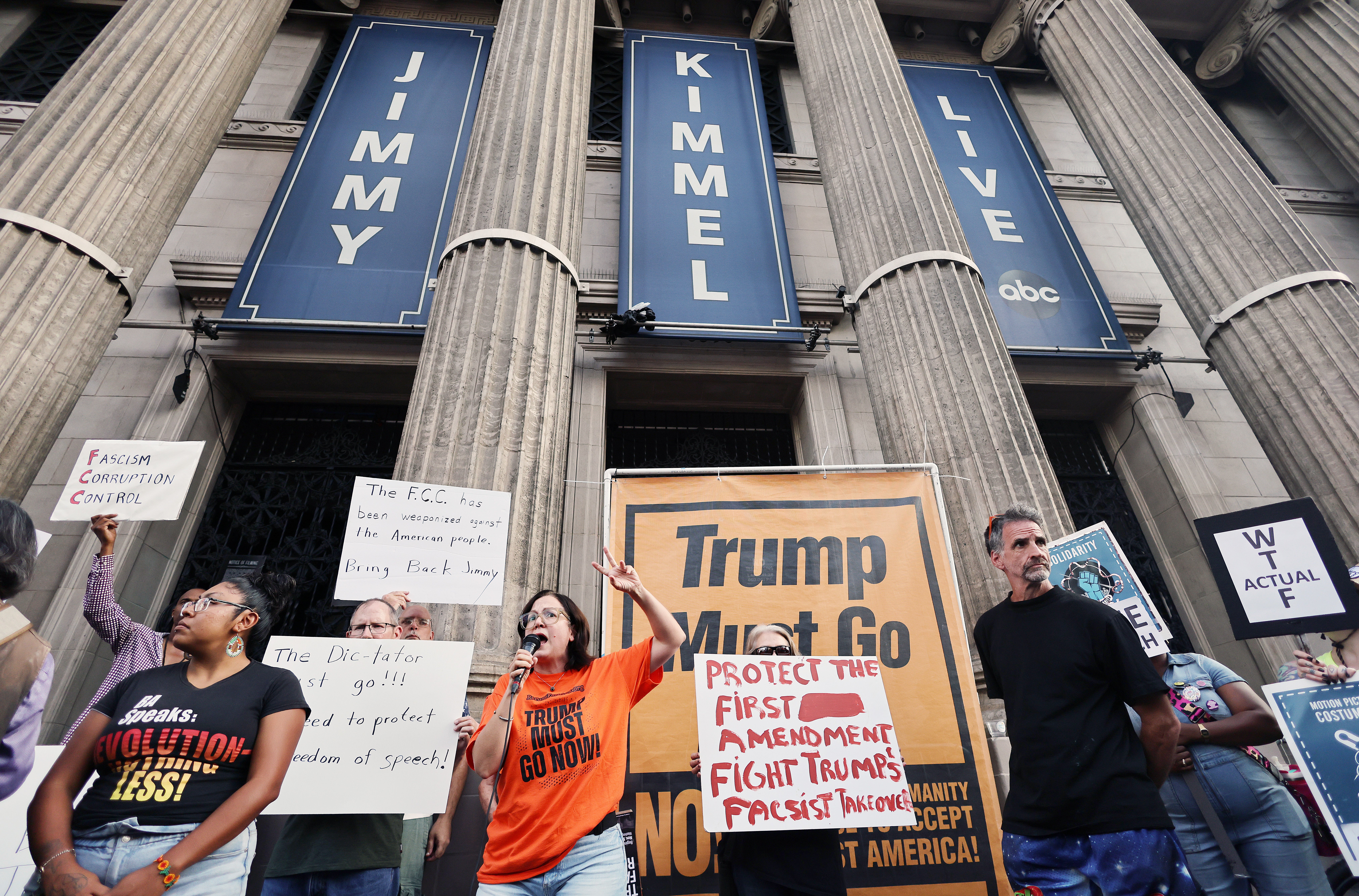 Protesters rallied outside Jimmy Kimmel’s Hollywood studio after the late-night show was pulled off the air “indefinitely” following the host’s comments about the fatal shooting of conservative activist Charlie Kirk