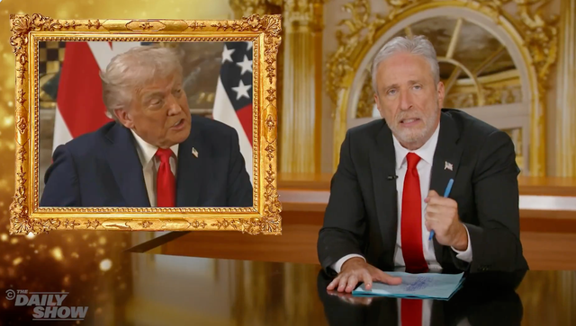 <p>Jon Stewart performed a satirical monologue on free speech, calling President Donald Trump 'dear leader' and jokingly praising him throughout</p>