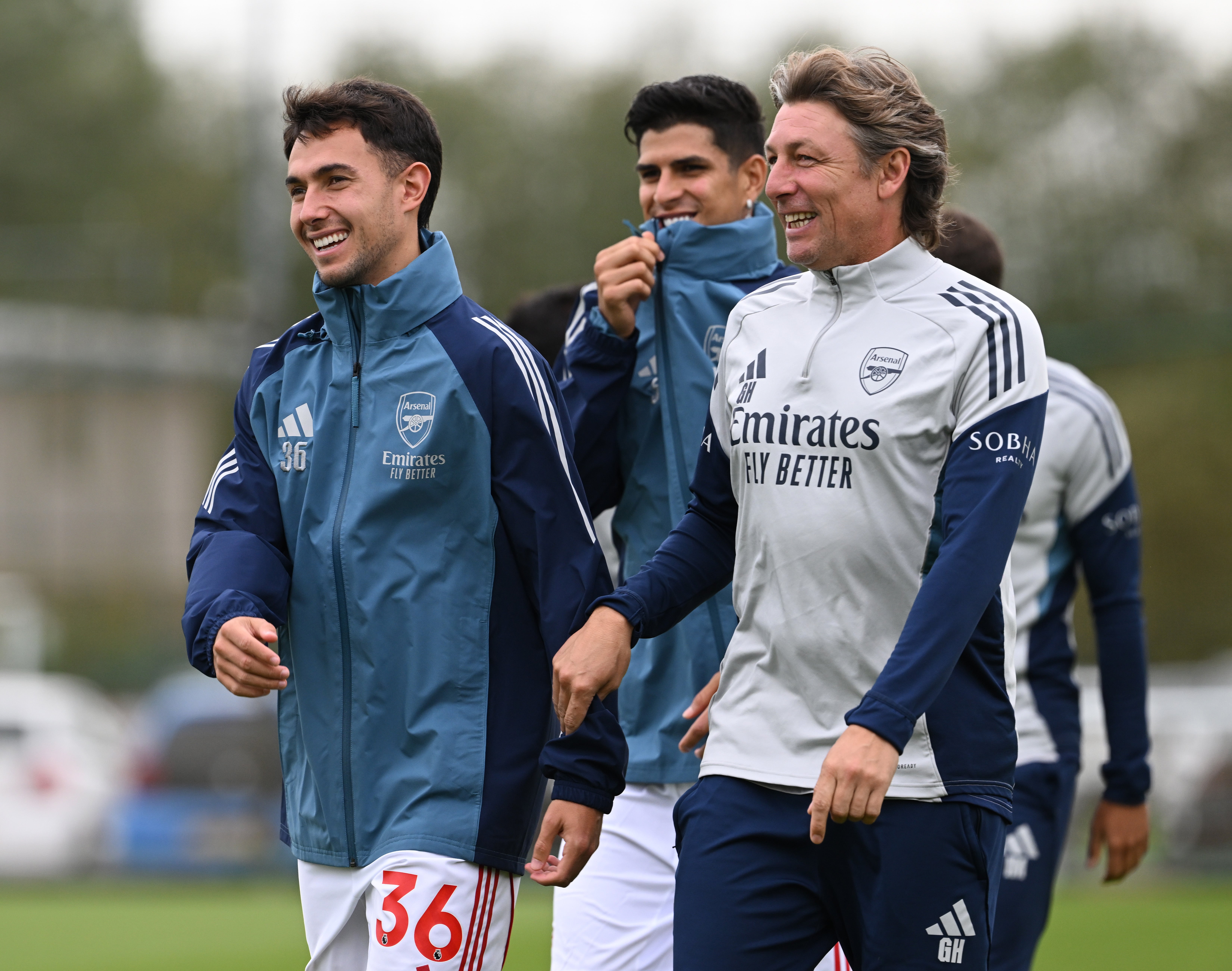 Martin Zubimendi of Arsenal with Arsenal Coach Gabriel Heinze