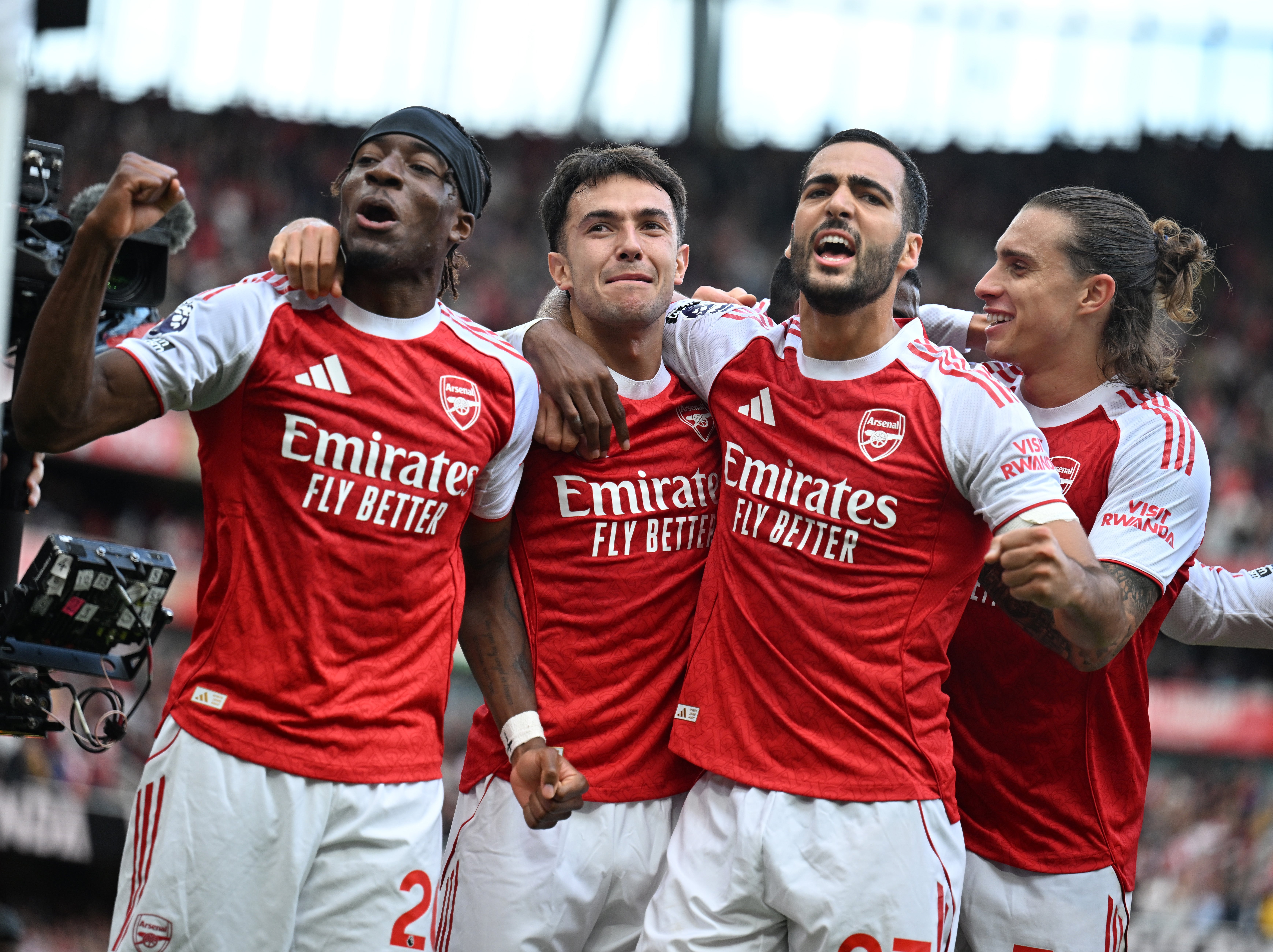 Martin Zubimendi celebrates scoring the 1st Arsenal goal with (L) Noni Madueke, (R) Riccardo Calafiori and (2ndR) Mikel Merino