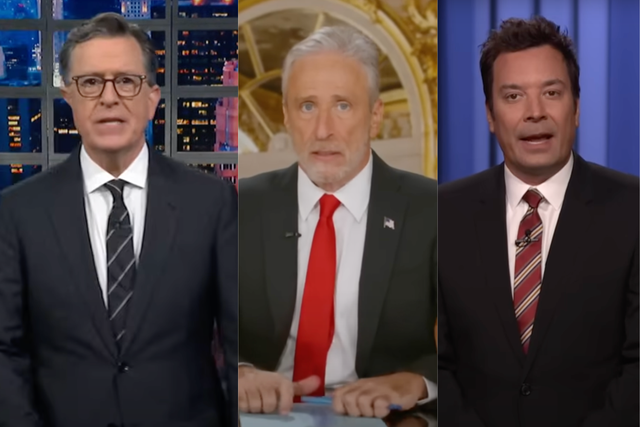 <p>Stephen Colbert, Jon Stewart and Jimmy Fallon react to Jimmy Kimmel's suspension</p>