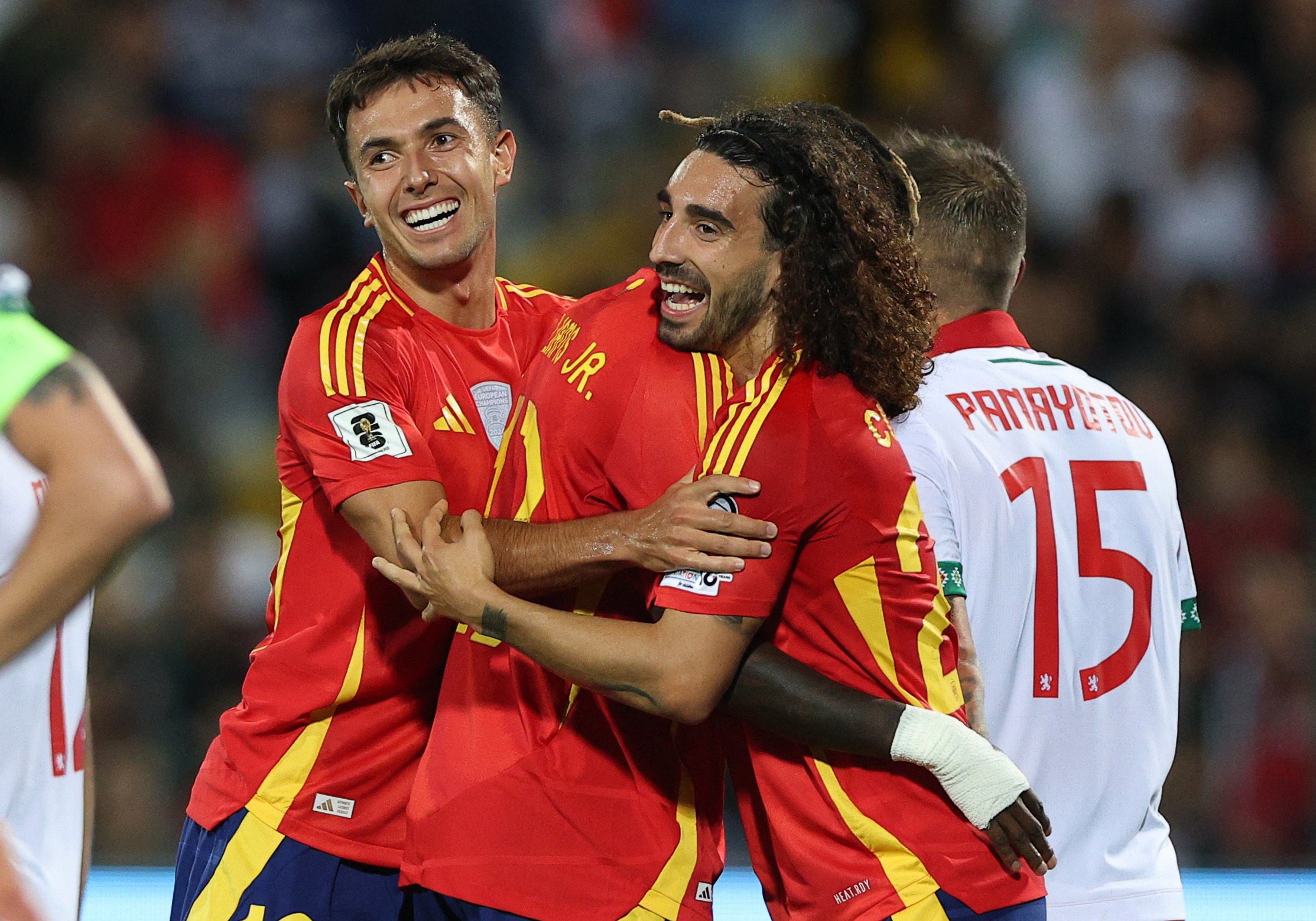 Spain's Marc Cucurella celebrates scoring their second goal with Spain's Martin Zubimendi