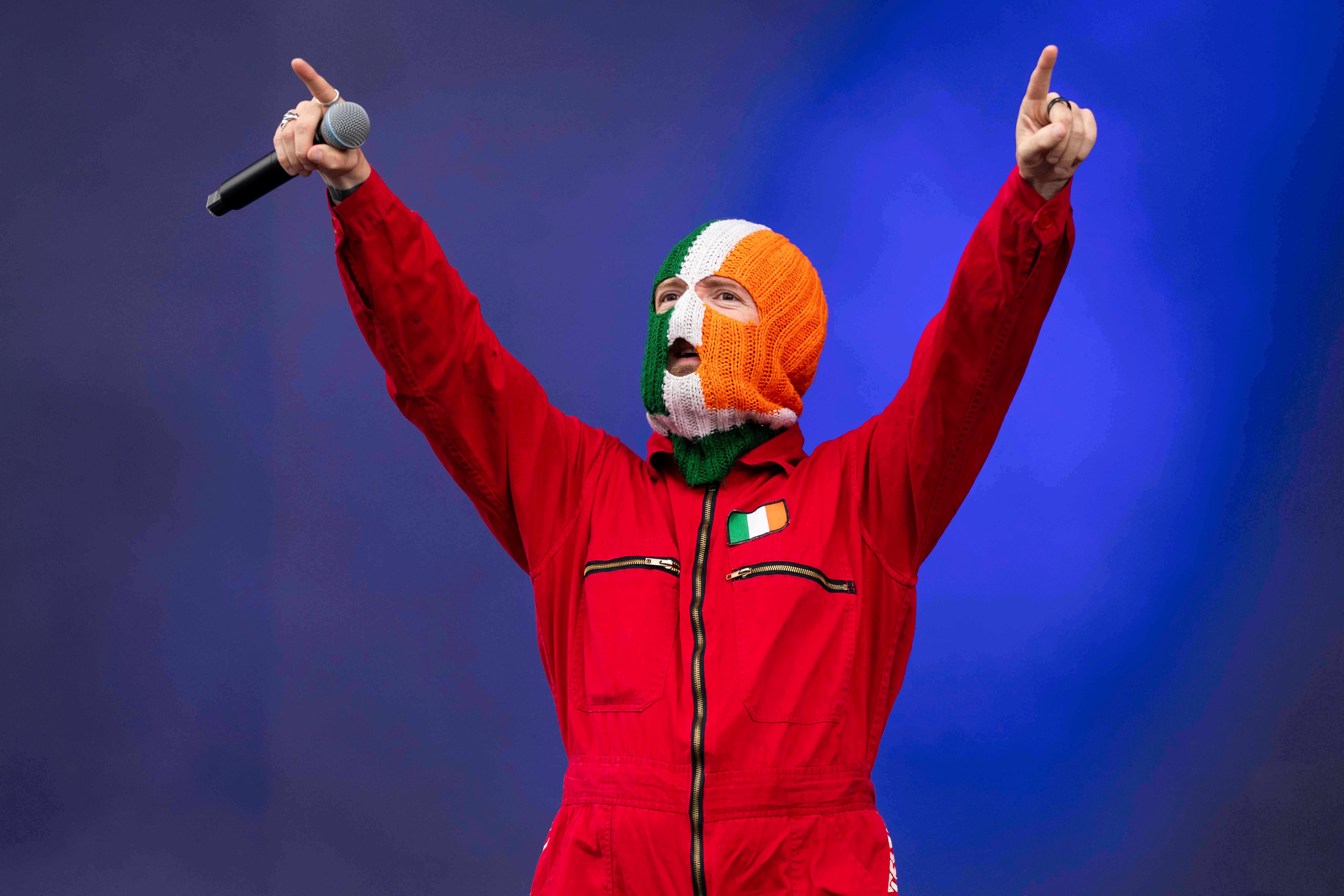 J.J.O Dochartaigh, from the music trio Kneecap, performs in Finsbury Park in July 2025