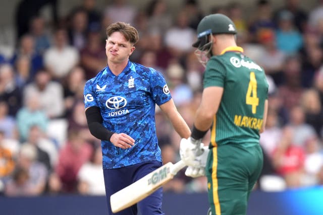 England’s Sonny Baker (left) reacts after South Africa’s Aiden Markram reaches 50 runs for a half century during the One Day International Series match at Headingley, Leeds. Picture date: Tuesday September 2, 2025.