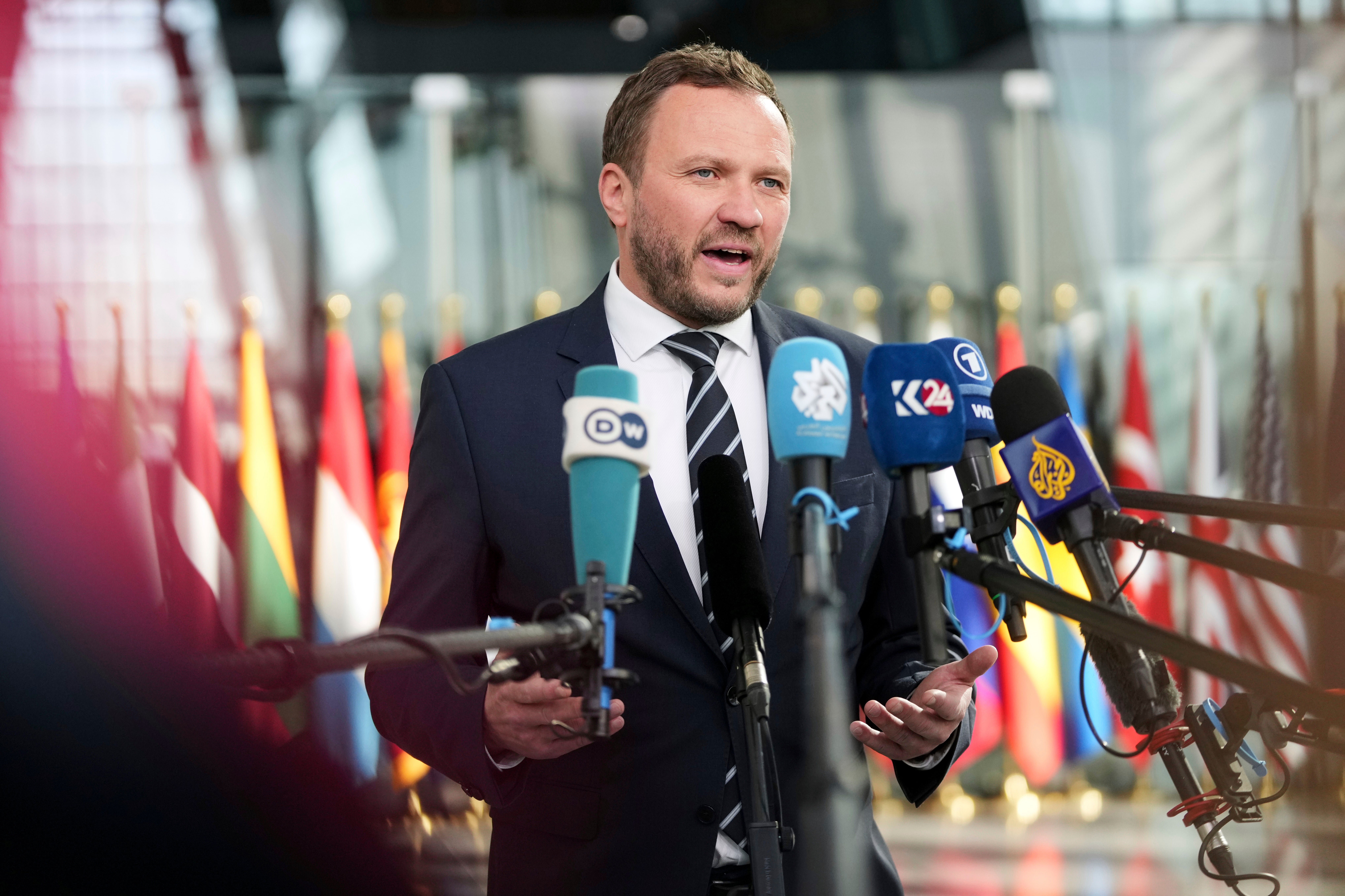Estonia's Foreign Minister Margus Tsahkna speaks with the media as he arrives for a meeting of NATO foreign ministers at NATO headquarters in Brussels, April 3, 2025. (AP Photo/Virginia Mayo, File)
