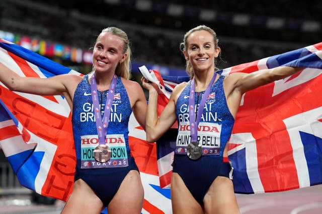 <p>Great Britain’s Georgia Hunter Bell (right) celebrates winning the silver medal with team-mate Keely Hodgkinson who took bronze in the World Athletics Championships women’s 800 metres final (Martin Rickett/PA).</p>