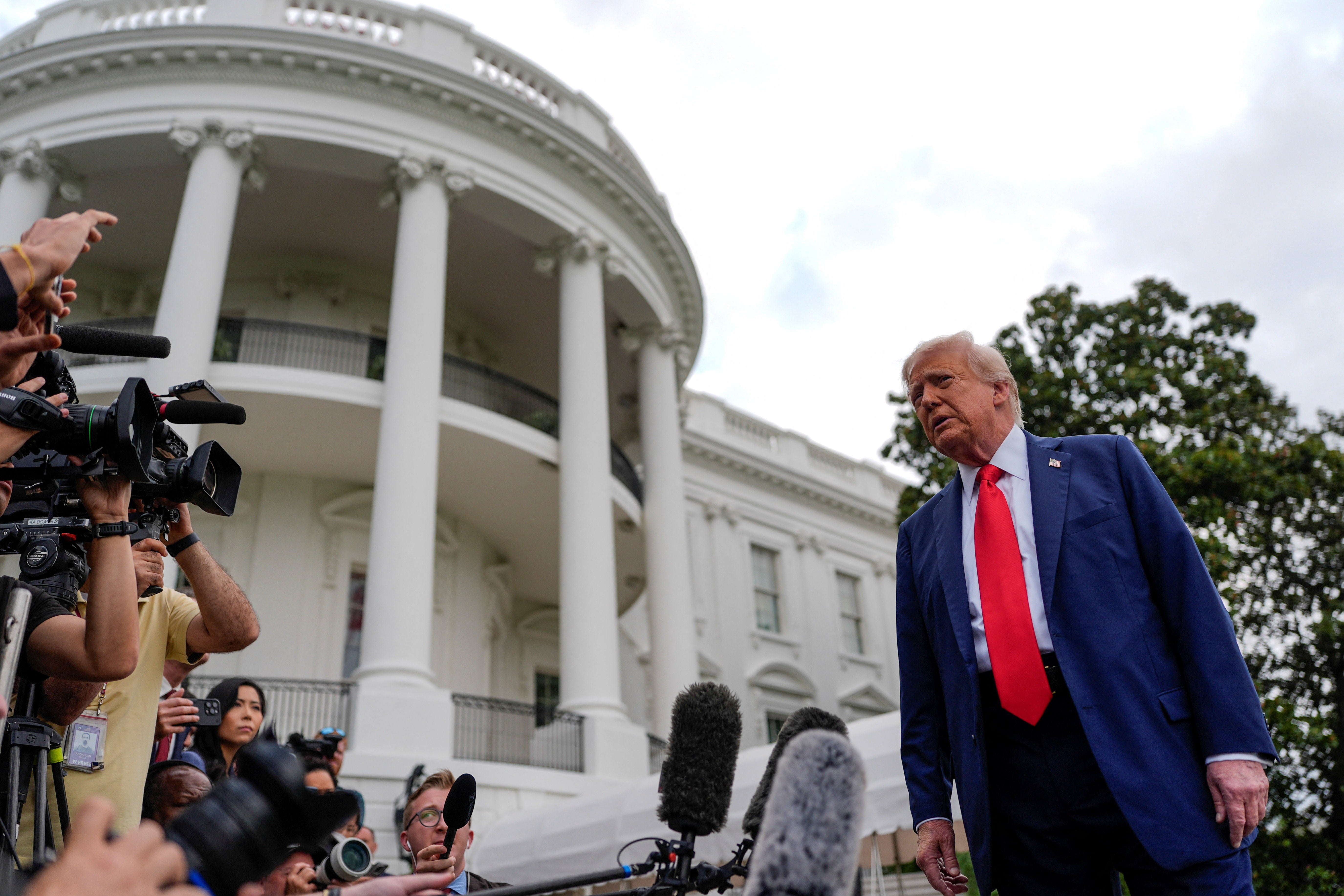 The president briefly speaks with the press before departing for Glendale