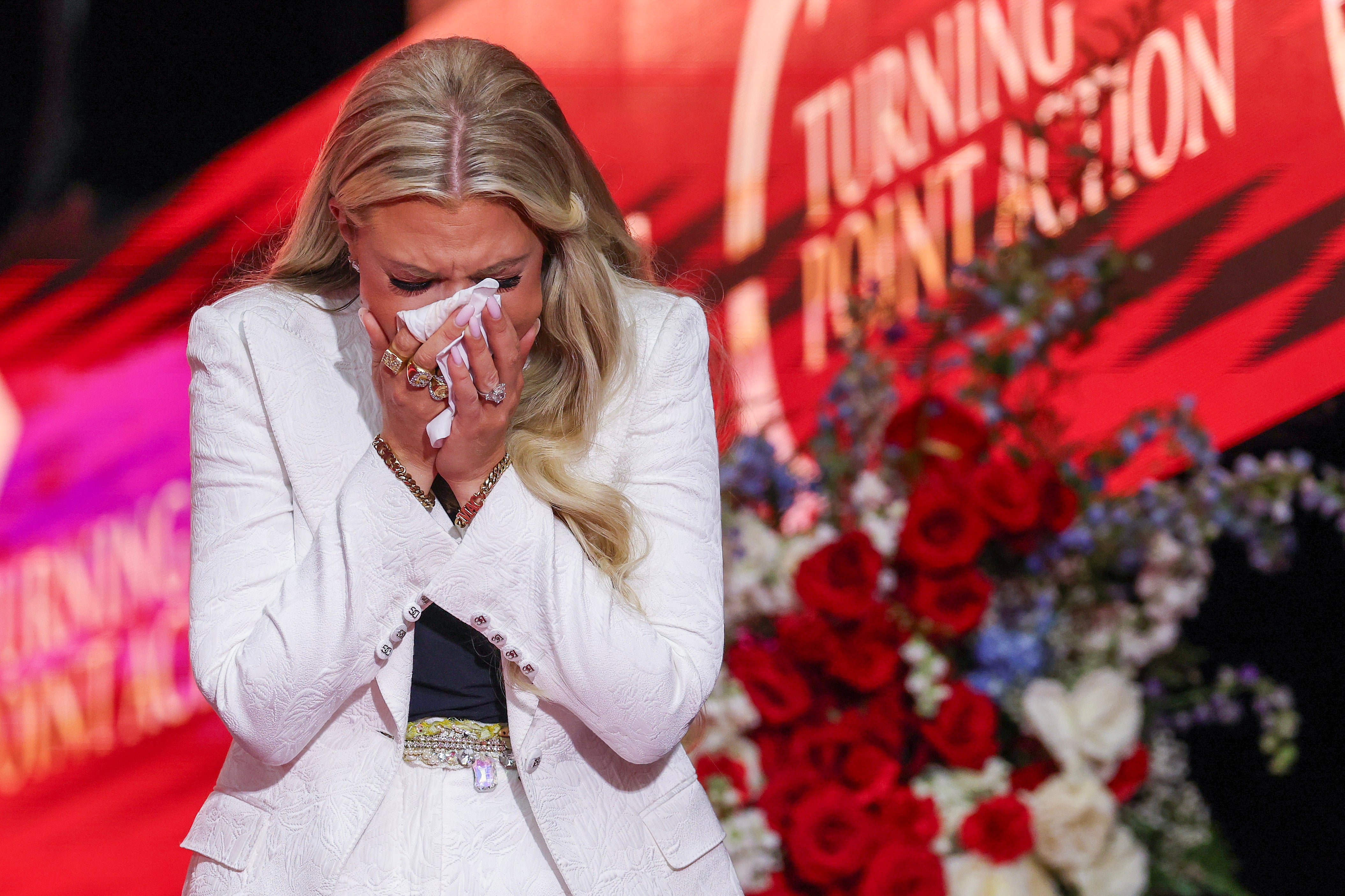 An emotional Erika Kirk broke down after her speech, where she forgave her husband’s killer