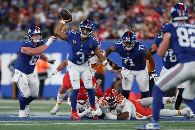 <p>Russell Wilson #3 of the New York Giants throws under pressure from Omarr Norman-Lott #55 of the Kansas City Chiefs</p>
