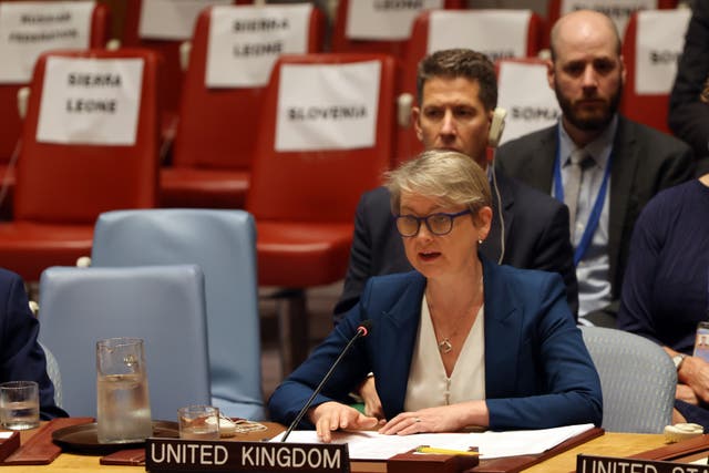<p>Yvette Cooper speaks at the UN headquarters in New York on Monday</p>