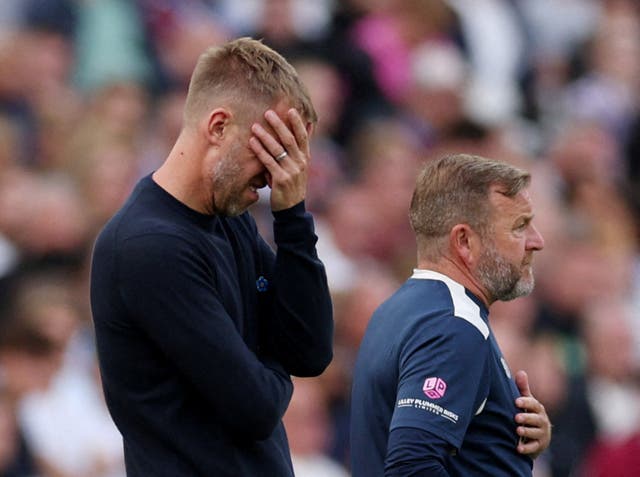 <p>Graham Potter reacts during West Ham’s 2-1 defeat at home to Crystal Palace </p>