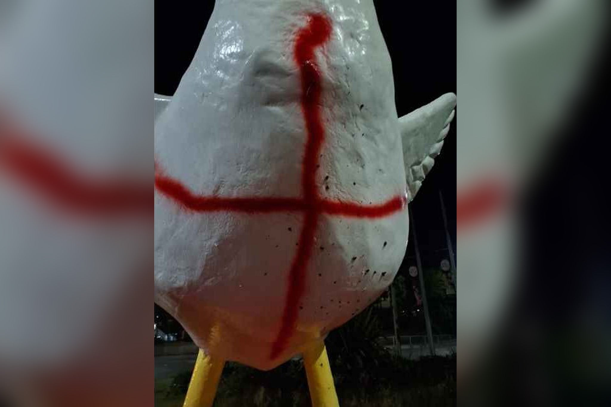 <p>Goosey the Goose has been vandalised with a giant St George’s Cross</p>