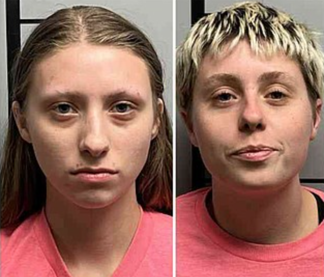 <p>Kaylee Rollo, left, and her sister Kerri Rollo, were arrested in Bentonville, Arkansas after they allegedly vandalized a memorial to Charlie Kirk on the steps of the Benton County Courthouse</p>